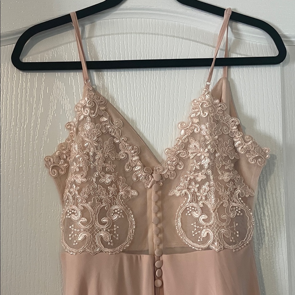 Elegant Lace Trim blush Pink formal dress